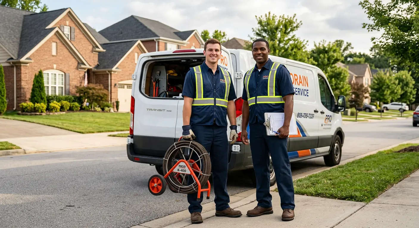 Sewer and drain service team with equipment ready for work in Durham