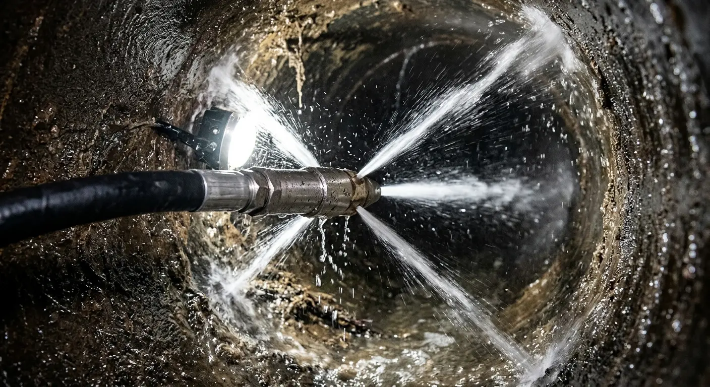 High-pressure hydro jetting nozzle cleaning sewer pipe for Emergency Drain Service in Durham