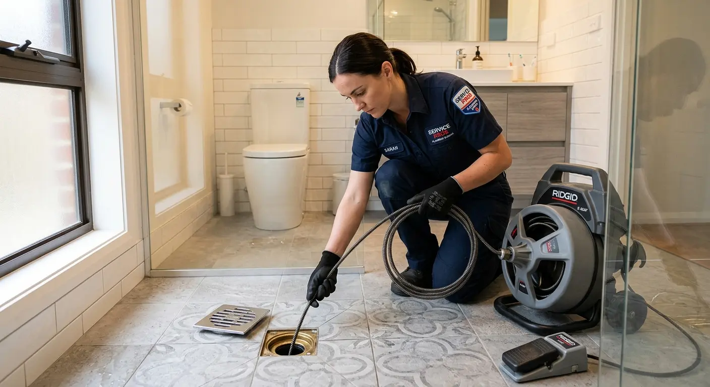 Technician clearing a bathroom floor drain for Drain Cleaning in Durham